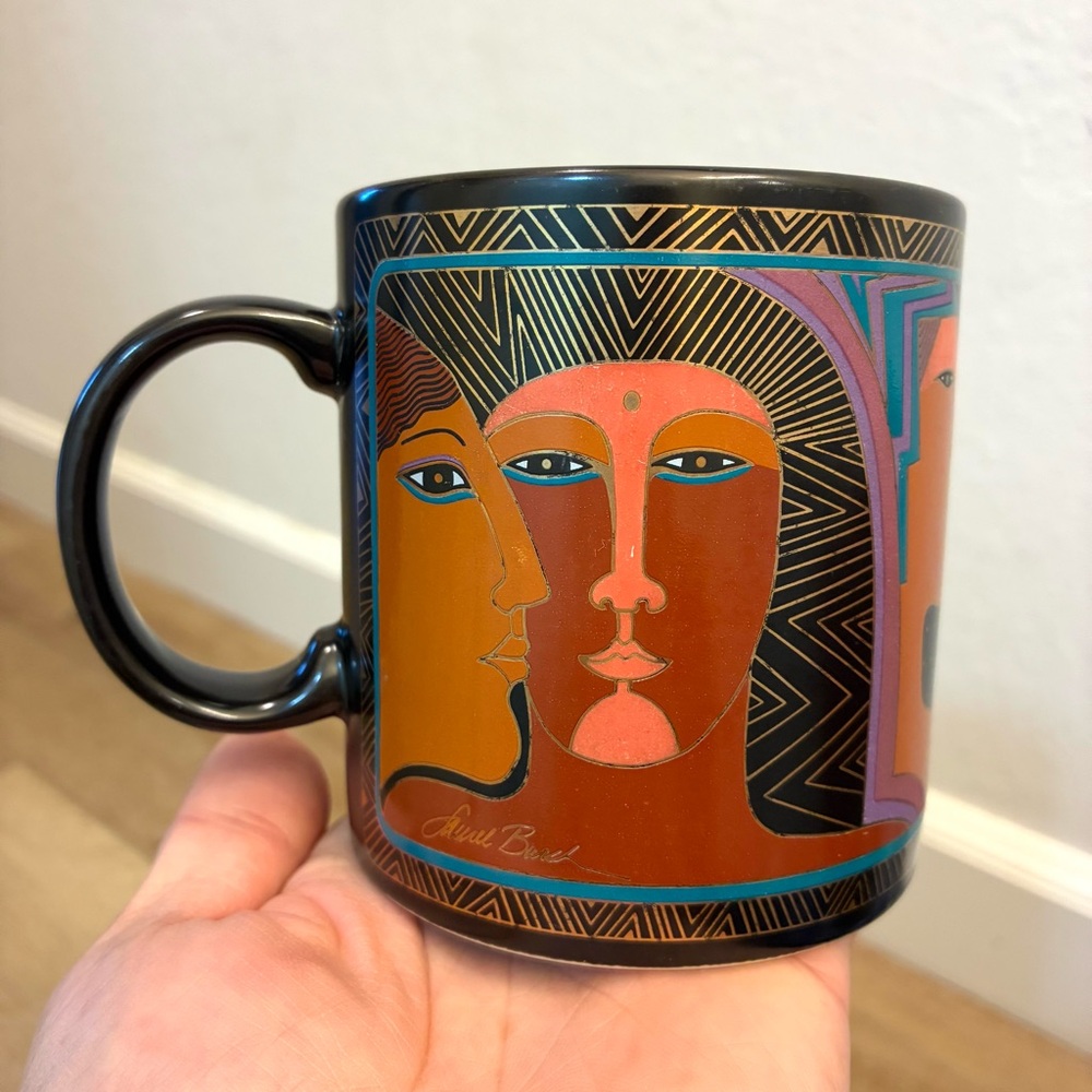 Laurel Burch Ancient Ancestors Mug 1988 Japan Art Faces Black Coffee Cup